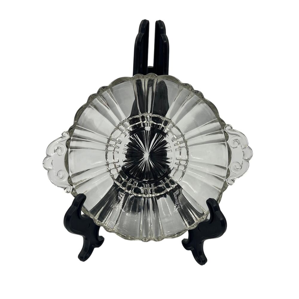 Vintage Clear Glass Textured Bowl Sea Shell Handles Candy Dish Serving Bowl